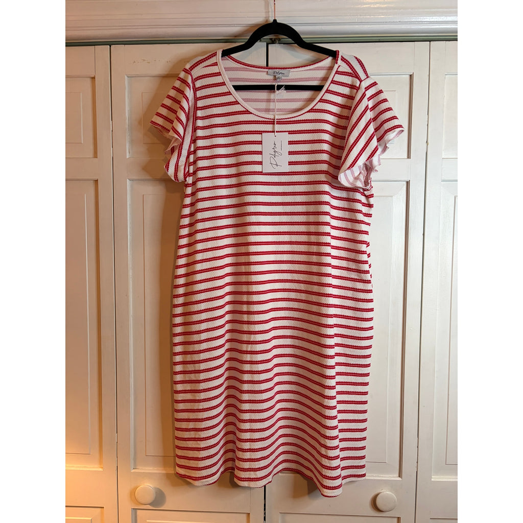 POLAGRAM Red & White Striped Knit Dress Plus 3XL Flutter Sleeve Midi
